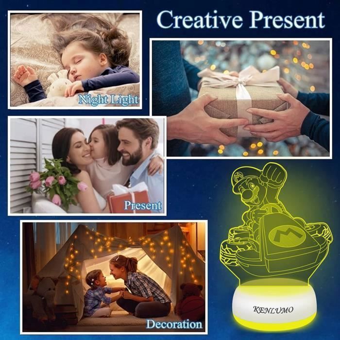 Lámpara de noche navideña KENLUMO para niños, regalo, lámpara de noche LED Mario Kart, lámpara de mesita de noche con control remoto, toque para cambiar de color.