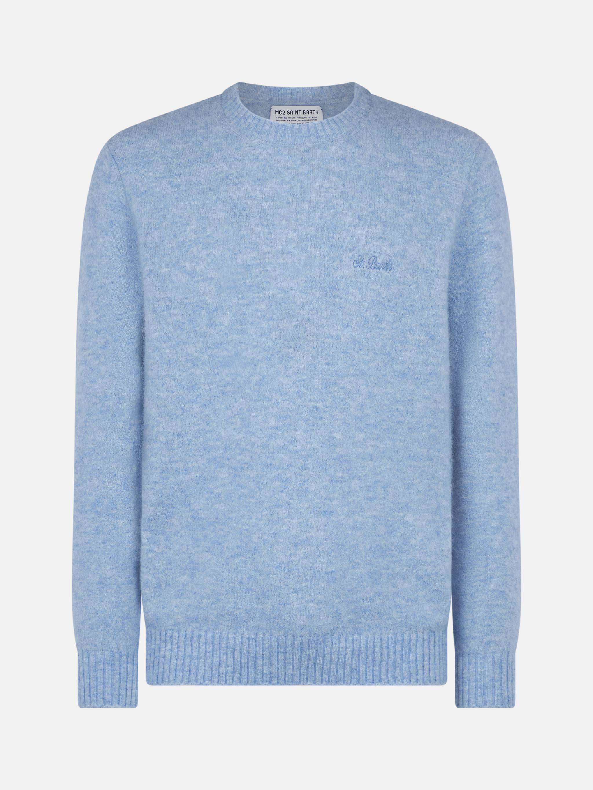 Maglione da uomo in lana stretch di colore azzurro con ricamo St. Bart