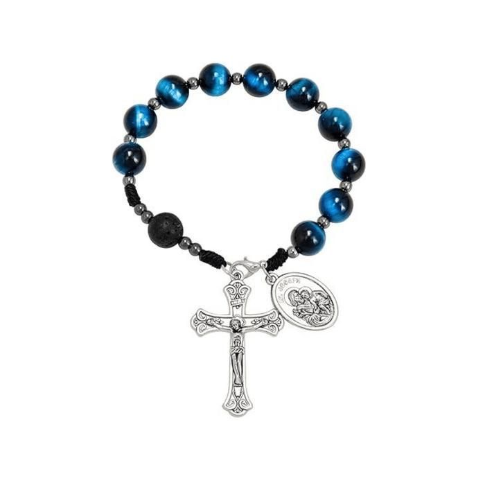 Nazareth Store Chapelet Perles Œil de Tigre Bleu Une Décade Fait Main Médaille Saint Joseph Croix Argent Antique Compact Prière