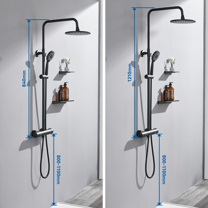 Columna de ducha termostática de 38 °C, color negro, con 3 modos de funcionamiento, ducha de mano y altura regulable de 84 a 121 cm.
