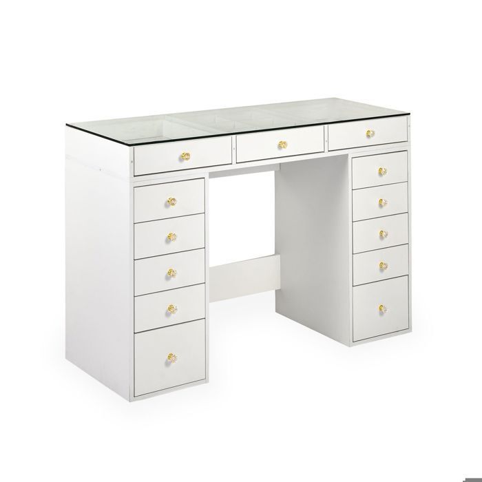 MENZZO Coiffeuse moderne avec 13 tiroirs et plateau en verre transparent L120cm Probeauty Blanc
