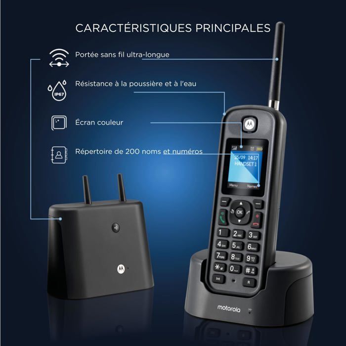 Teléfono fijo inalámbrico resistente al agua - SVATV - Alcance de hasta 1 km - Resistencia al agua y al polvo IP67 - Agenda telefónica con 200 contactos