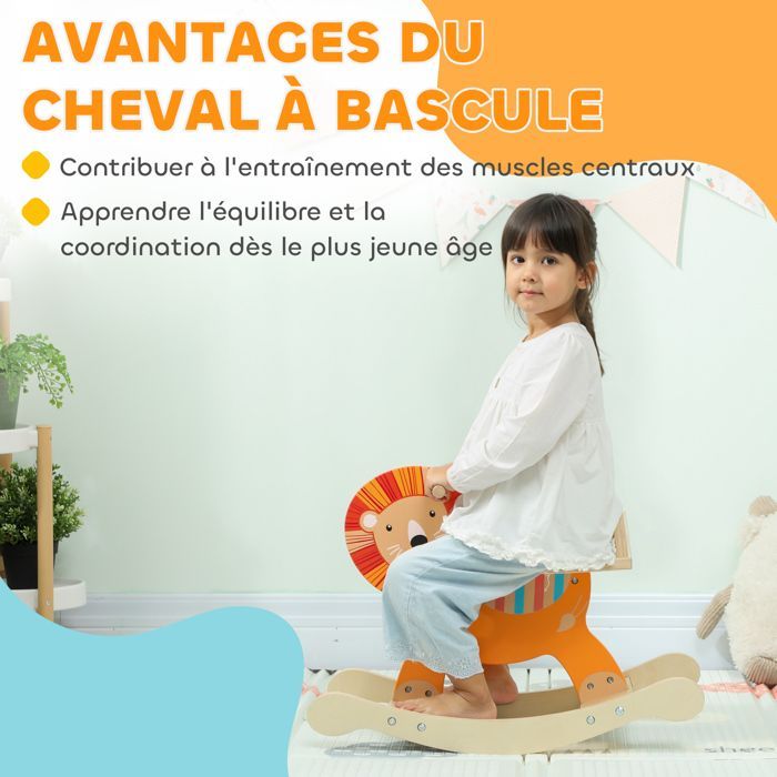 Caballo balancín infantil - AIYAPLAY - Manillar y base estables - Madera - 59 x 27 x 43 cm - Naranja
