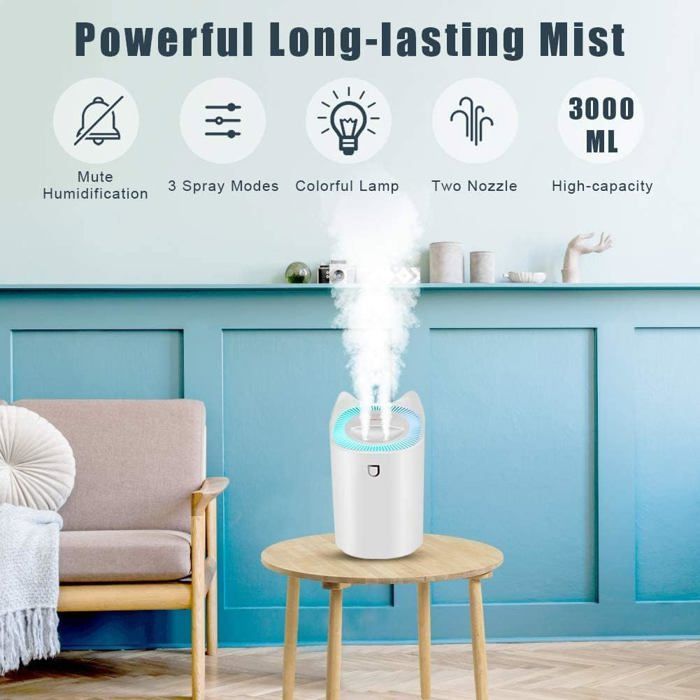 ®RisingFF Humidificateur d'air pour chambre à coucher 3 L, veilleuse à changement de couleur, 3 modes de brumisation, 2 buses