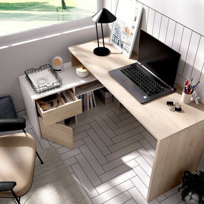Escritorio Dmora - Andor, 139 x 92 x 75 cm, blanco brillante, roble, panel efecto madera.