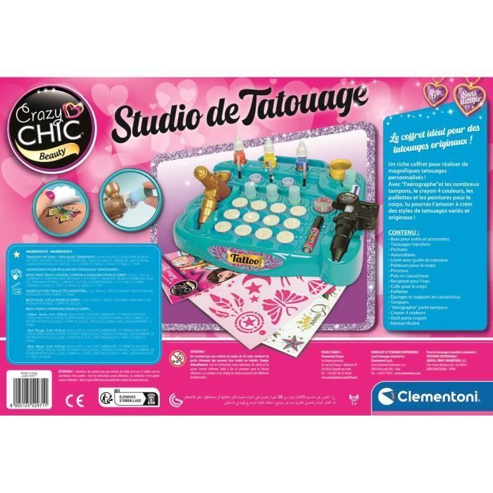 CLEMENTONI - Studio de tatouage temporaires pour enfant - Kit complet  - Pochoirs, peintures corps et transfert - Dès 7 ans