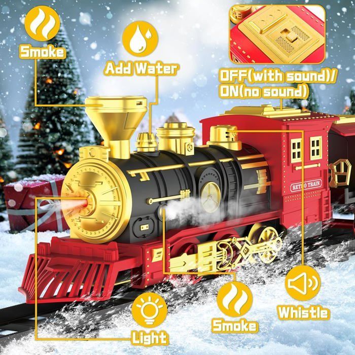 Train Électrique Avec Vapeur Son et Lumière Circuit Enfant Electrique Avec Batterie Rechargeable Jouet De Noël pour Enfants