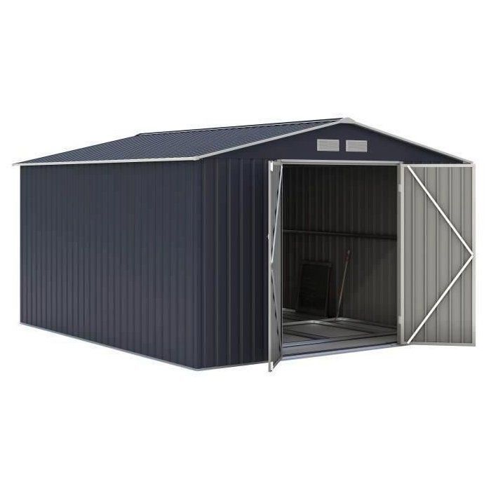 Caseta de jardín metálica de 8,84 m² - 277 x 319 x 202 cm - VELASCO - Kit de anclaje incluido, 2 puertas con bisagras - Gris