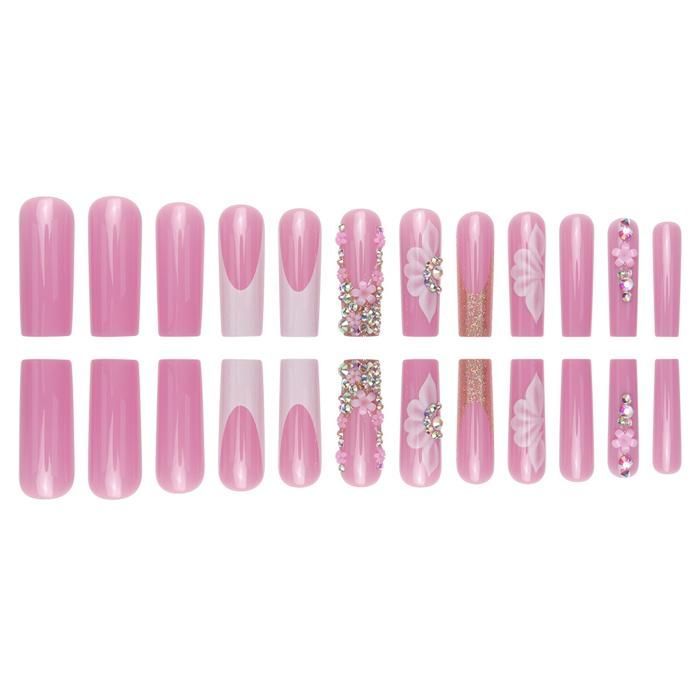 Set manucure-pedicure INN Faux Ongles 24pcs French Rose Brillant Press on Nails à Coller Portant des Bijoux d'ongles et de Diamants