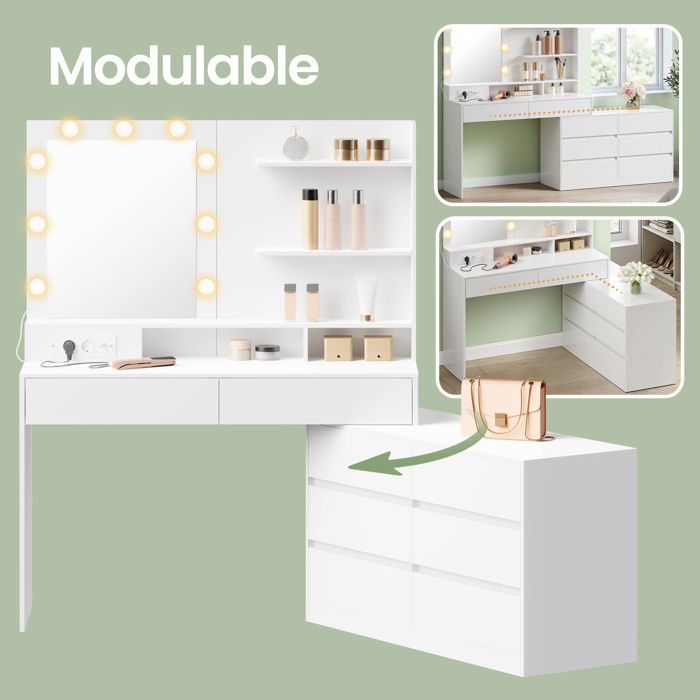 Tavolo da trucco lineare o a L, specchio a LED con 9 lampadine, con multipresa, 8 cassetti, bianco