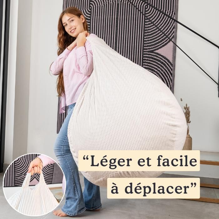 Poltrona a sacco sfoderabile in velluto a coste - 105x85 cm - Bananair - Bianca - Made in France