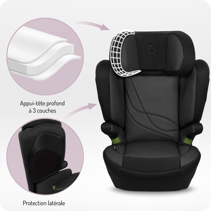 MoMi MEI - Siège auto I-SIZE 100-150 cm - Groupe 2/3 - ISOFIX - Dossier réglable 9 positions - Jusqu’à 36 kg - Noir