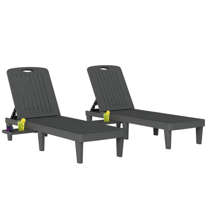 Lot de 2 chaises longues - Outsunny - dossier réglable 5 positions - tablette latérale - plastique - gris