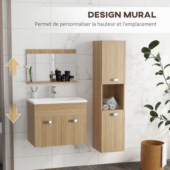 Bathroom Furniture Set - Kleankin - 4 Pieces - Wall Mounted - Mirror, Vanity Unit, Sink and Tall Cabinet - Natural