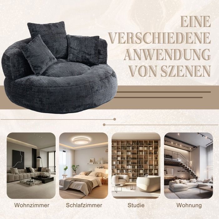 LEMONBEST Pouf poire 2 places en chenille noir 108×108×52 cm avec 3 coussins - Fauteuil lounge