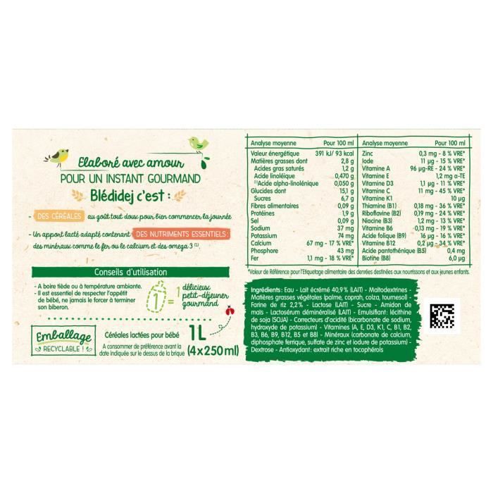 Blédina Blédidej, Céréales bébé Lactées dès 6 Mois, 250ml (4 briques)