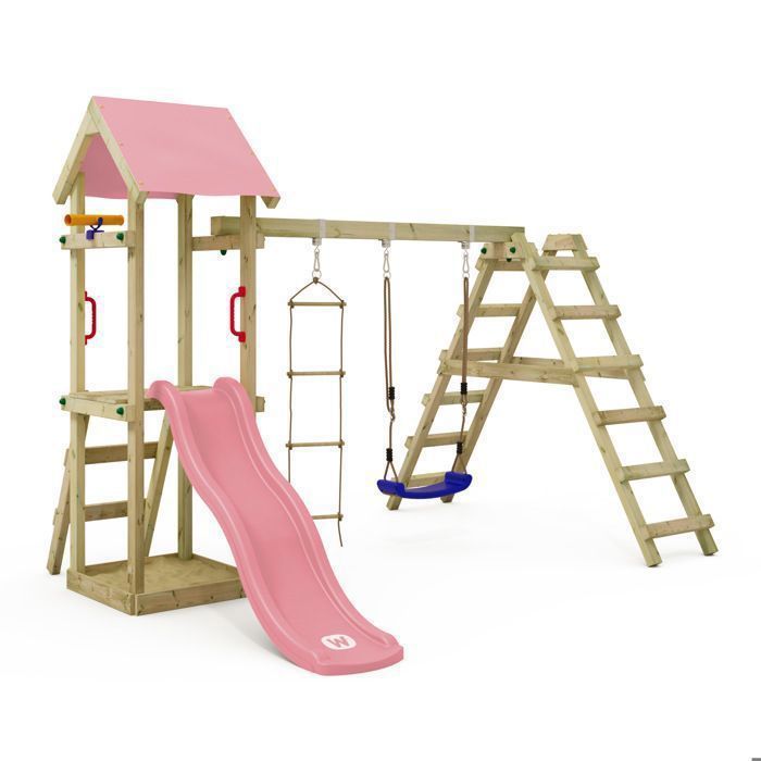 WICKEY TinyLoft Toddler Play Tower with Swing, Climbing Frame and Slide in Pastel Pink – 10-Year Warranty*