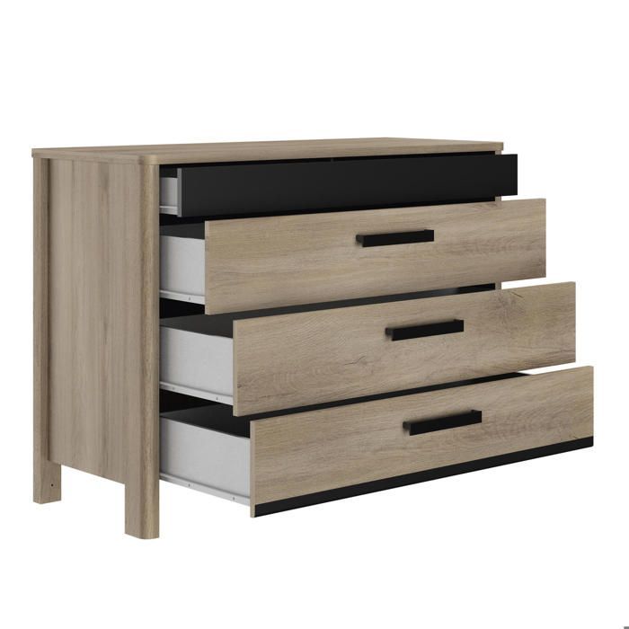 Cómoda con 4 cajones en efecto madera de roble claro con acabado lacado en negro.