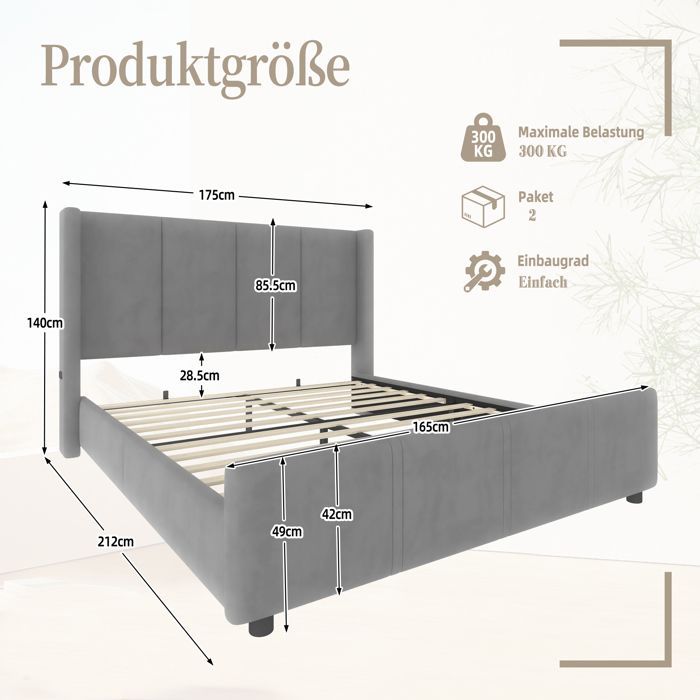 Upholstered Double Bed 160×200 cm with Wooden Slatted Base, High Headboard and Footboard and USB Port - Soft Short Velvet - Grey