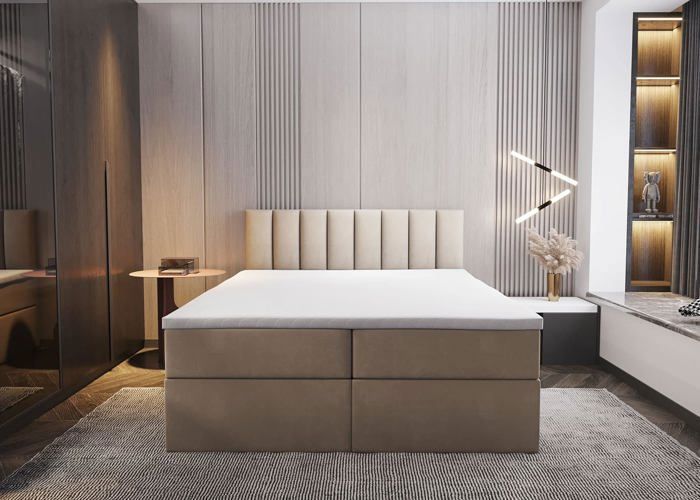 Cama PALERMO para adultos de 160x200 cm - con colchón de muelles integrado, espacio de almacenamiento y sobrecolchón - tejido de terciopelo - beige