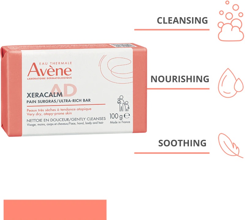 „Avène XeraCalm AD Ultra-Rich Bar“ – itin maitinamasis valomasis muilas sausai ir atopinei odai.