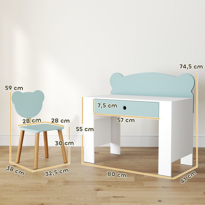 Conjunto de escritorio y silla infantil - AIYAPLAY - Edades de 3 a 8 años - Cajón y tablero grande - MDF - 80 x 41 x 74,5 cm - Verde