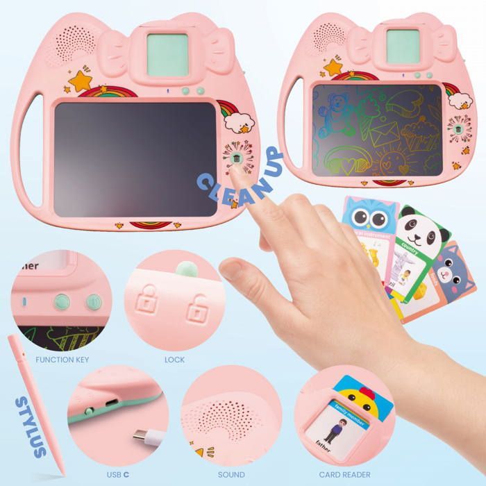 Sun Baby – Zeichen- und Englischlerntablett für Kinder, Rosa – 8 Zoll, 112 Karten zum Englischlernen