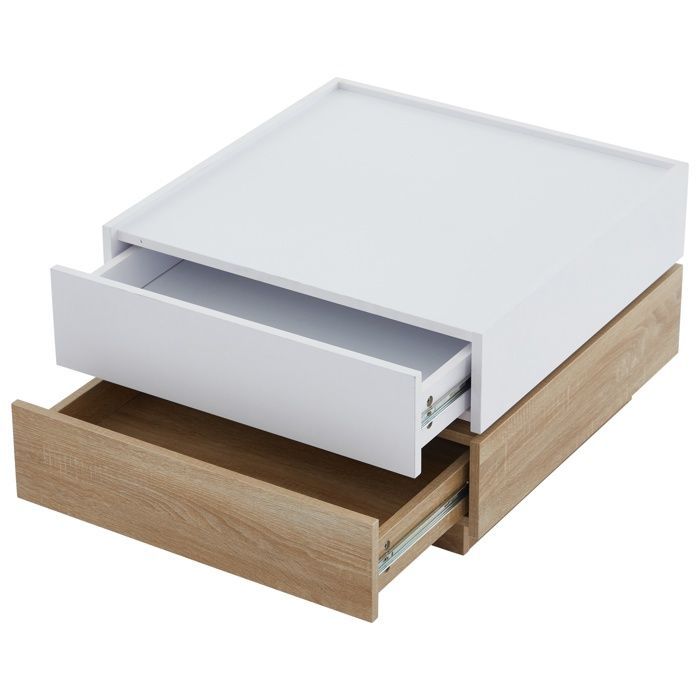 Square Coffee Table with 2 Drawers and 360° Swivel Top, Modern Design Side Table 60x60x38cm Walnut