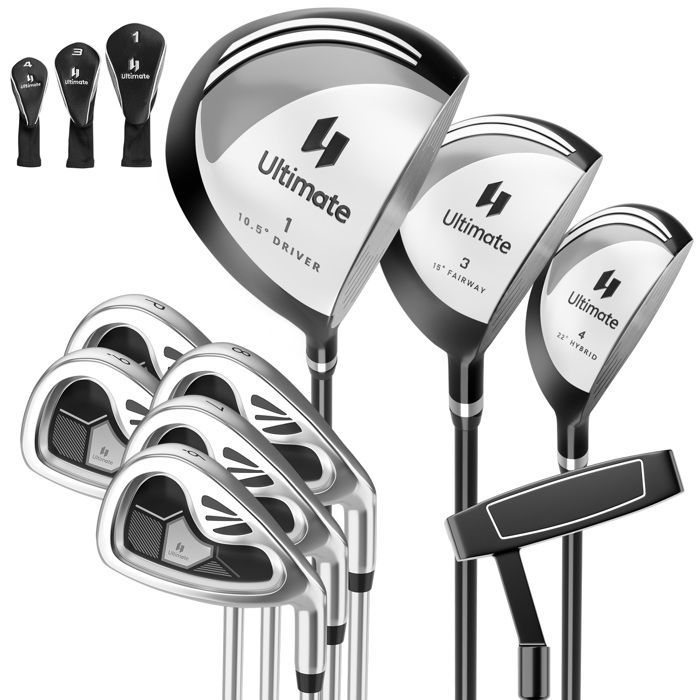Juego de palos de golf COSTWAY de 9 piezas para hombre diestro: Driver de aleación de aluminio, 3 fundas para palos de calle e híbridos, 5 hierros y putter (gris).