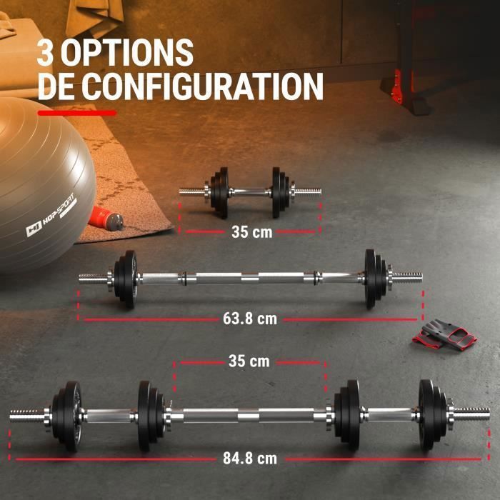Hop-Sport 2-in-1 Modulares Hantelset aus Gusseisen, 2 kurze Hanteln, 1 lange Langhantel, verstellbare 30-mm-Stahlstange, 2 x 10 kg