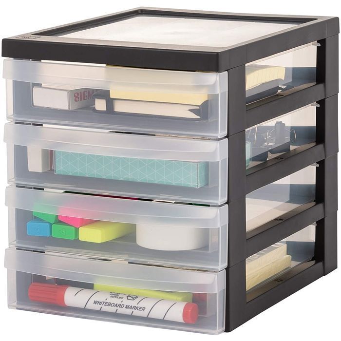 Iris Ohyama, A5 Plastic Desk Storage Tower, 4 Small Drawers, Set of 2, Black, DC-A5