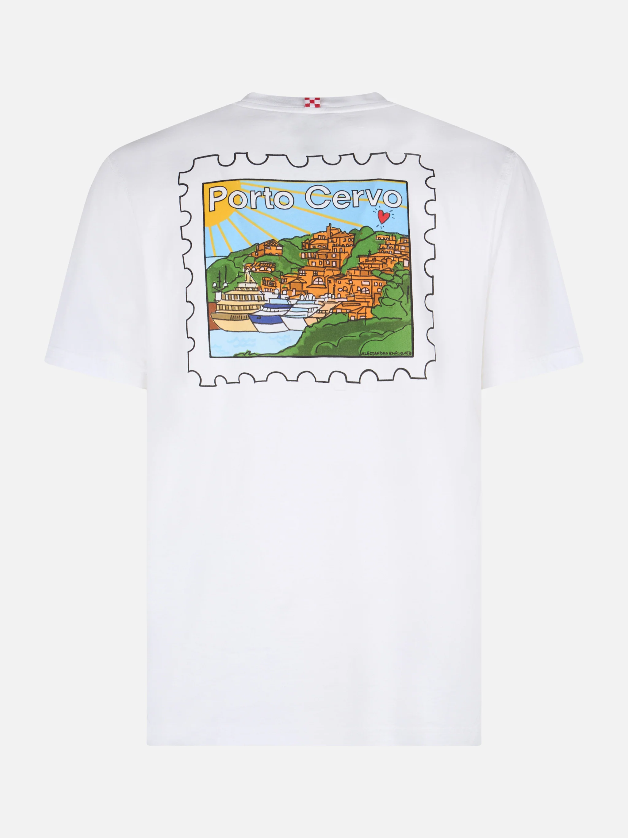 Heren katoenen T-shirt met print van een Porto-ansichtkaart op de voor- en achterkant.