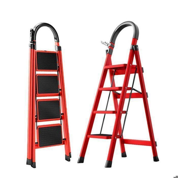 Seven Comfort Escabeau - 4 marches - Acier - Pliant - 61×45×118cm(L-L-H)-Charge maximale 150 kg - Rouge