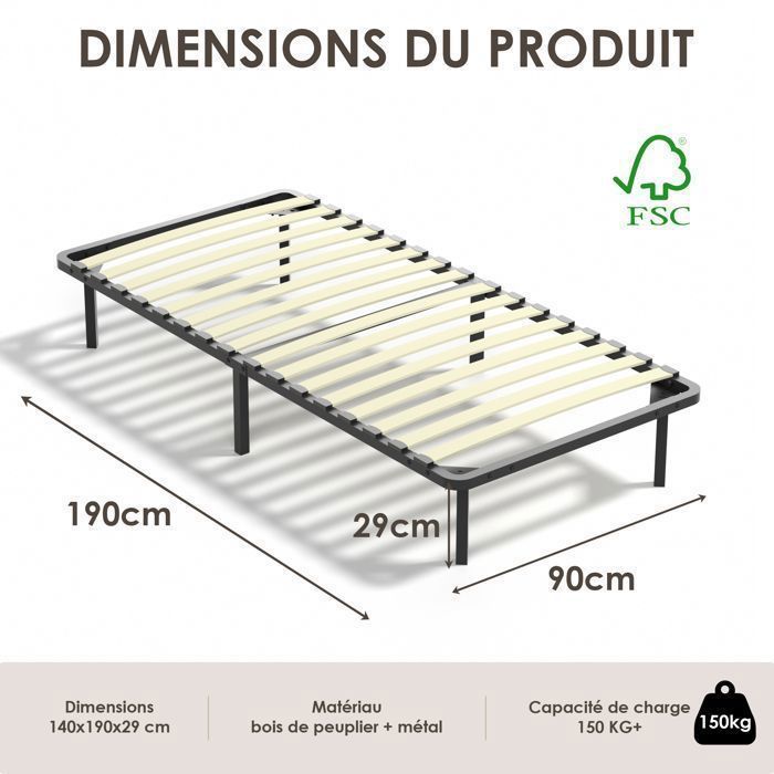 TUNCCO Sommier 90x190cm, avec 6 Pieds,  Sommiers à Lattes pour AdulteEspace de Rangement de 29 cm