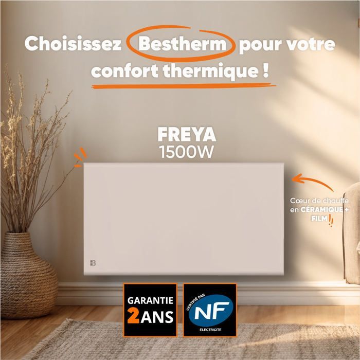 Radiador eléctrico fijo de inercia seca - Doble núcleo calefactor - BESTHERM - FREYA 1500W - horizontal blanco - NF
