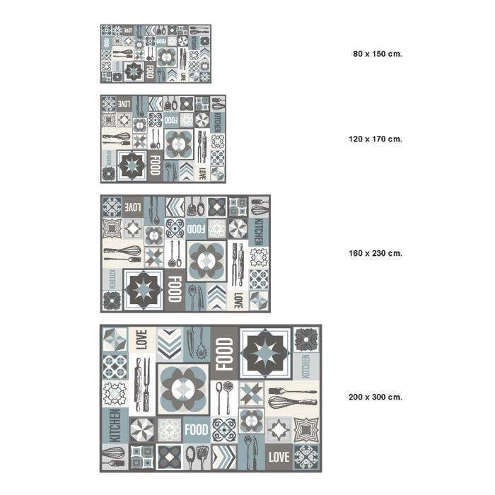 Tapis Vinyle Panorama Cuisine Collage Mots Carrelage Bleu 40x80 cm - Tapis pour Cuisine, Bureau et Salon en PVC