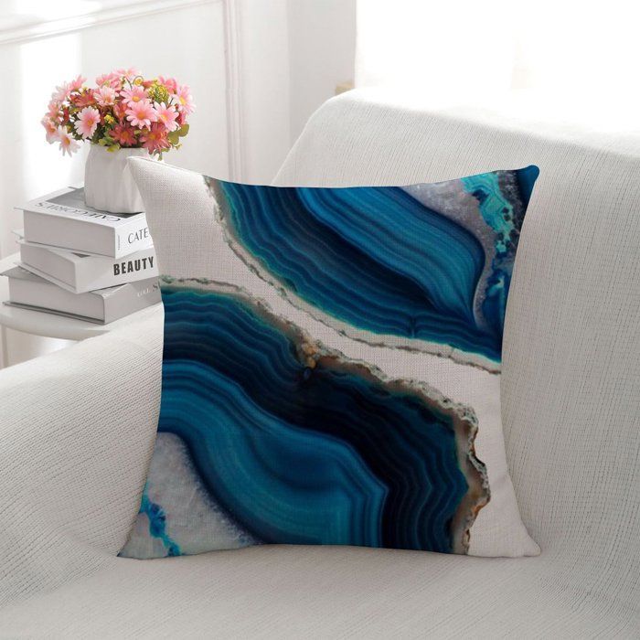 Lot de 4 taies d'oreiller décoratives - 45 x 45 cm - Imprimés vintage - Lin - Impression recto - Bleu océan