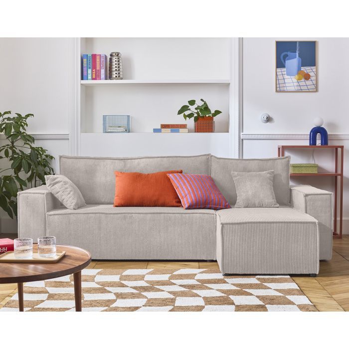 Cezanne - sofá esquinero reversible - 4 plazas - convertible con almacenamiento - en pana - Beige