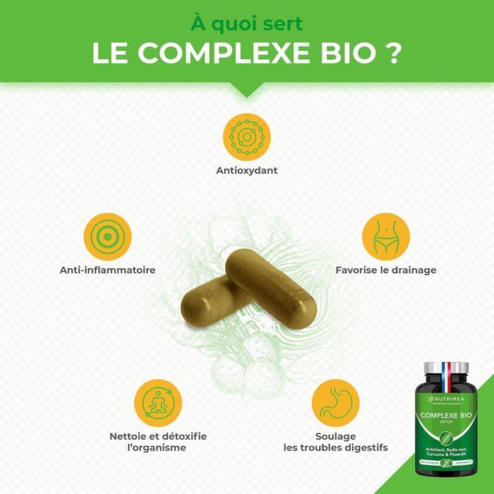 DETOX foie et colon • Complexe BIO Artichaut Radis Noir Curcuma • Detoxifiant naturel • 90 gélules végétales - Nutrimea