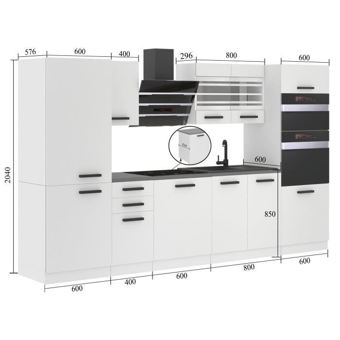 Belini Cuisine Equipee Complete MILA Muebles de Cuisine Complets - 300 cm.  Avec Plan de Travail, blanc très brillant