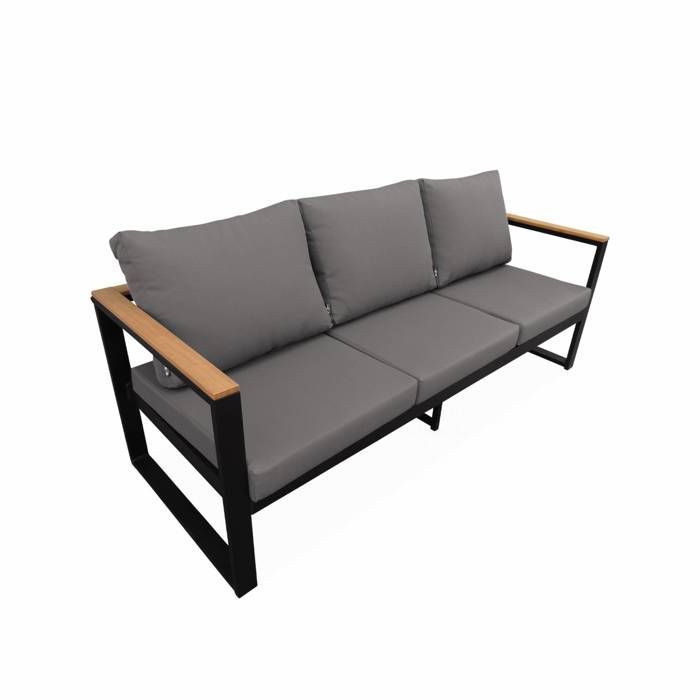 Conjunto de muebles de jardín de 5 plazas en aluminio y eucalipto – NAZCA – Estructura negra. Cojines gris oscuro.