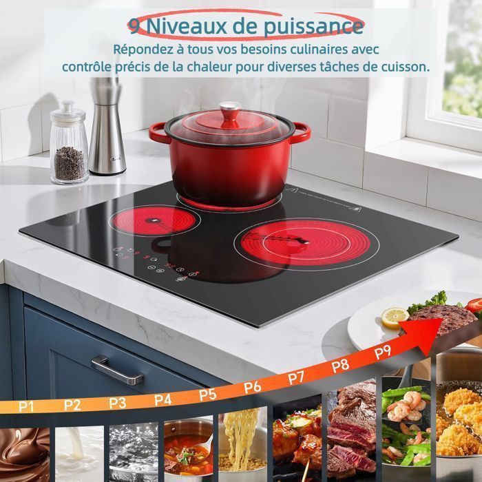 Plaque Vitrocéramique,3 feux,L59 cm,Table de cuisson vitrocéramique,5400W,3 foyers,Table Vitrocéramique,Revêtement verre