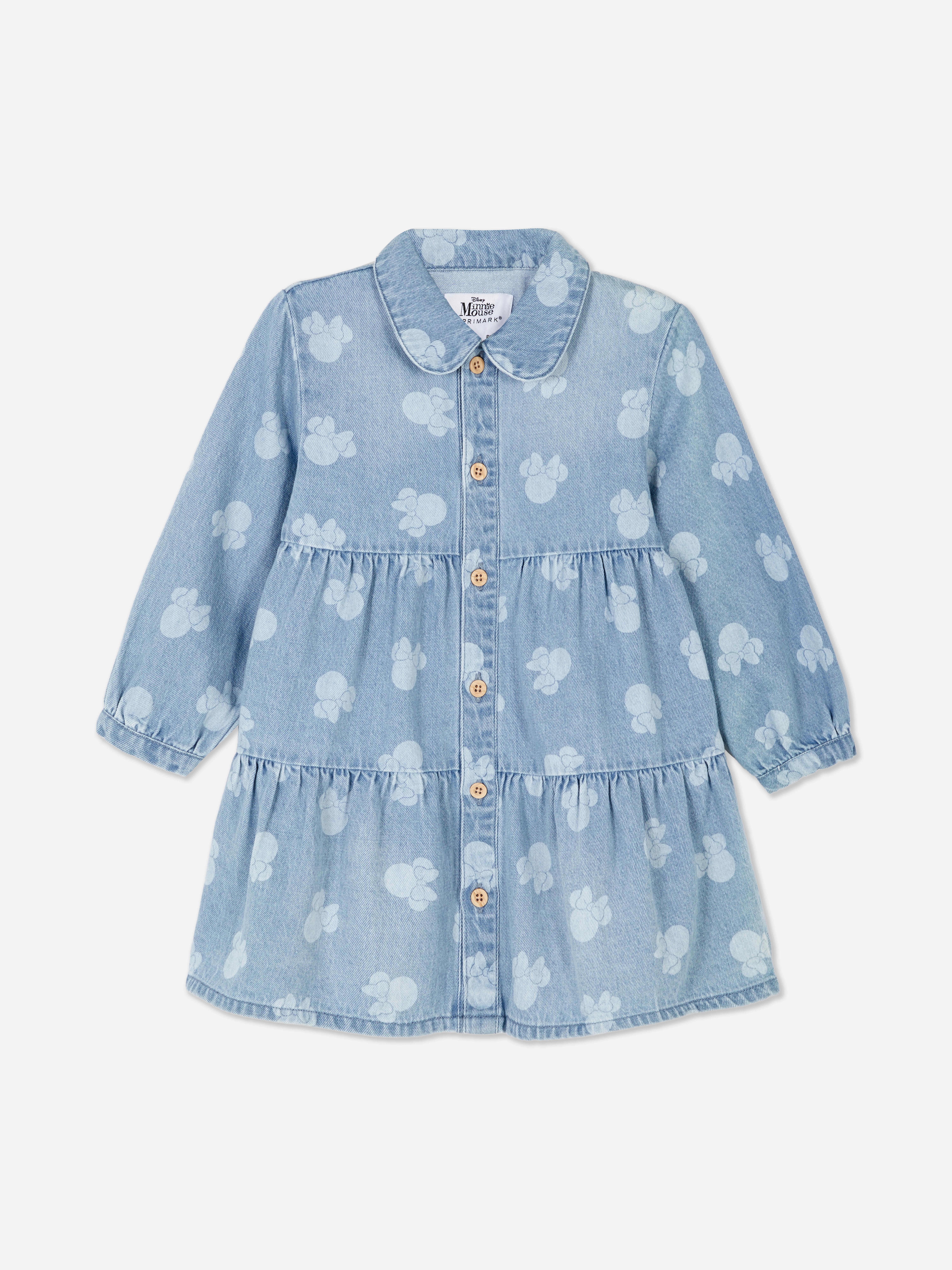 Abito in denim di Minnie Mouse della Disney. Abito in denim a strati con colletto, chiusura con bottoni e maniche lunghe.