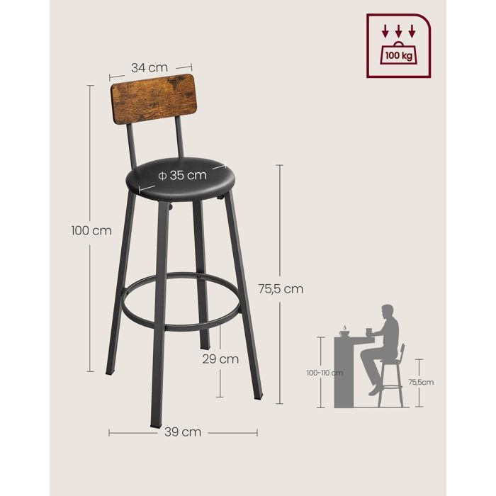 Chaises de Bar VASAGLE - Style Industriel - Marron Rustique et Noir - Lot de 2 - 39 x 39 x 100 cm