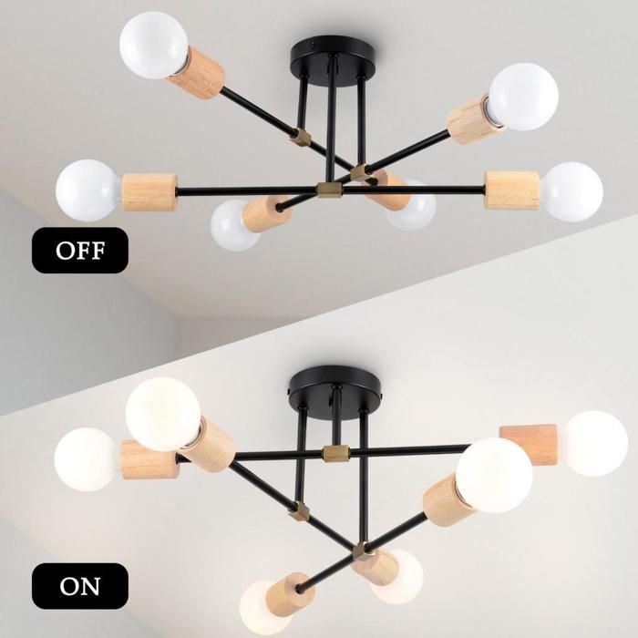 UNI Plafonnier 6x E27 Luminaire Vintage Industrielle Lustre pour Cuisine Chambre Salon en bois