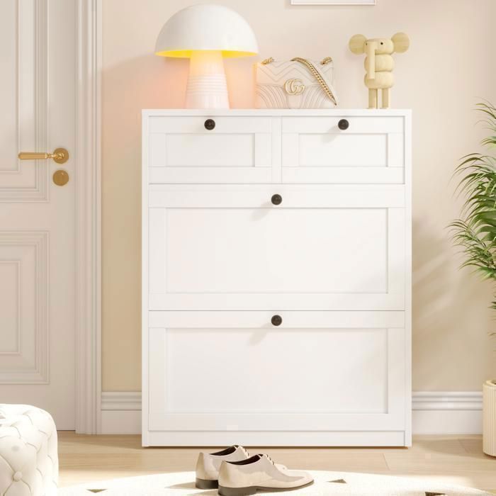 Zapatero - VOWNER - Mueble de almacenamiento de zapatos para recibidor, 80 x 100 x 24 cm - Blanco