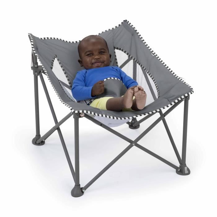 Cadeira de balanço dobrável BRIGHT STARS Pop 'N Chill para bebês, cinza, com proteção solar FPS 50+ e bolsa de transporte inclusa.