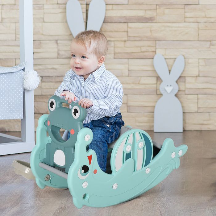 Cavalo de Balanço - HOMCOM - Sapo 3 em 1 com Escorregador e Cesta de Basquete, Brinquedo para Crianças de 18 a 36 Meses - PP - 72x34x47cm - Azul Turquesa