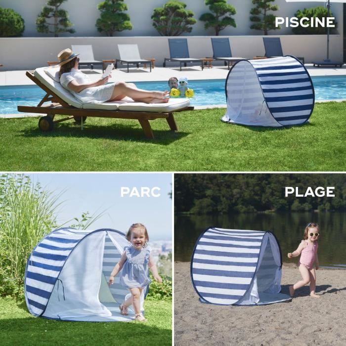 Tenda Babymoov con protezione UV SPF 50+ a righe e zanzariera integrata.