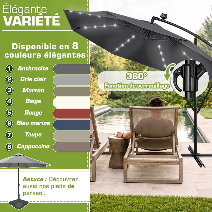 tillvex® LED Parasol déporté Ø 350 cm Anthracite – 360°, UV UPF 50+ avec manivelle, couverture & paravent, Pare-soleil avec pied